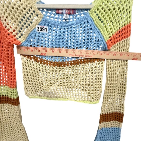 Urban Outfitters Chloe Crop Open-Knit Sweater Top Bell Sleeves M Blue Yellow - Picture 8 of 9